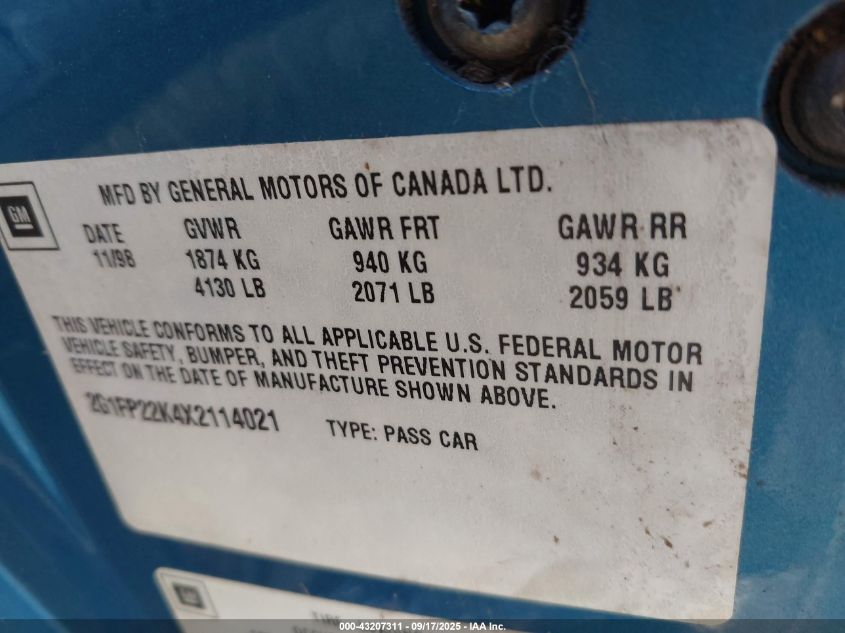 1999 Chevrolet Camaro VIN: 2G1FP22K4X2114021 Lot: 43207311