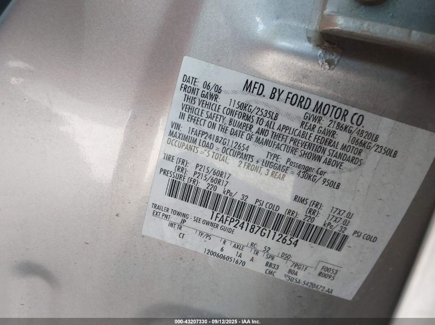 2007 Ford Five Hundred Sel VIN: 1FAFP24187G112654 Lot: 43207330