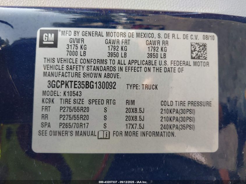 2011 Chevrolet Silverado 1500 Ltz VIN: 3GCPKTE35BG130092 Lot: 43207337