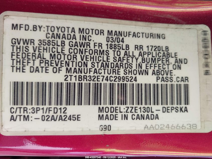 2004 Toyota Corolla S VIN: 2T1BR32E74C299524 Lot: 43207340