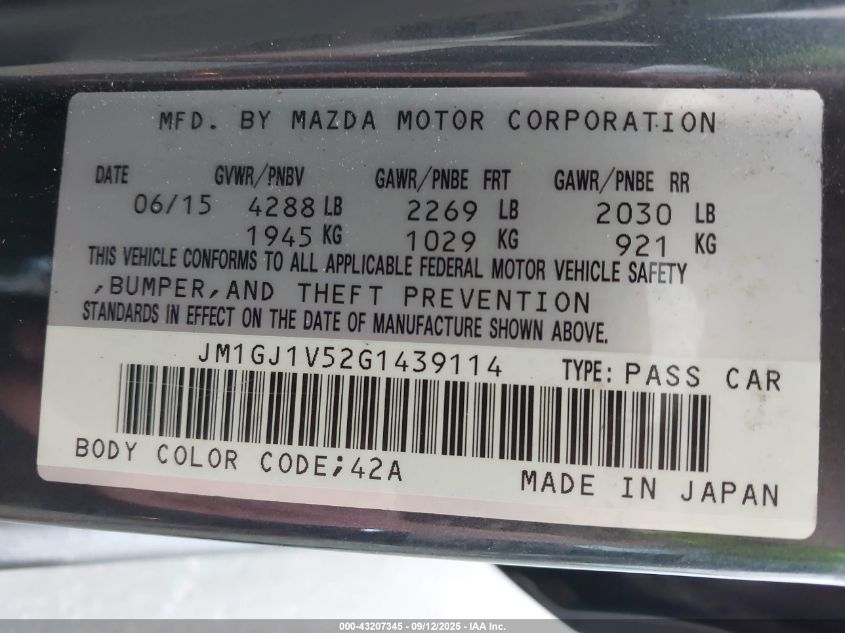 2016 Mazda Mazda6 I Touring VIN: JM1GJ1V52G1439114 Lot: 43207345