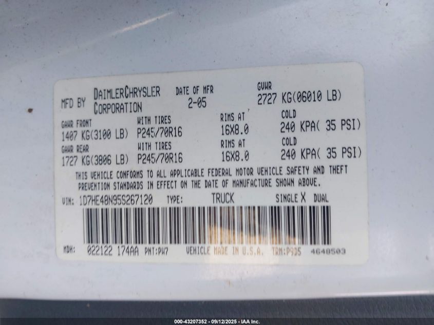 2005 Dodge Dakota Slt VIN: 1D7HE48N95S267120 Lot: 43207352