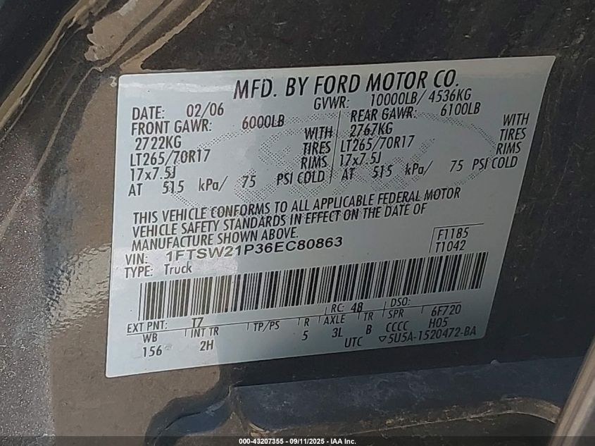 2006 Ford F-250 Lariat/Xl/Xlt VIN: 1FTSW21P36EC80863 Lot: 43207355
