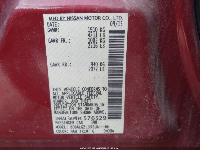 2015 Nissan Altima 2.5 S VIN: 1N4AL3AP9FC576529 Lot: 43207367