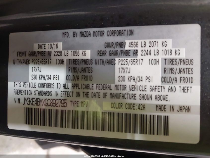 2016 Mazda Cx-5 Sport VIN: JM3KE4BYXG0892795 Lot: 43207382