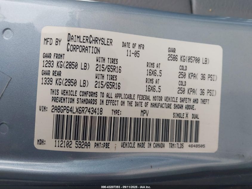 2006 Chrysler Town & Country Limited VIN: 2A8GP64LX6R743418 Lot: 43207393