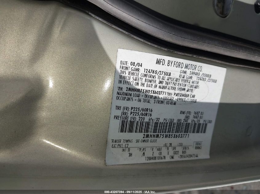 2005 Mercury Grand Marquis Ls/Lse VIN: 2MHHM75W85X603771 Lot: 43207394