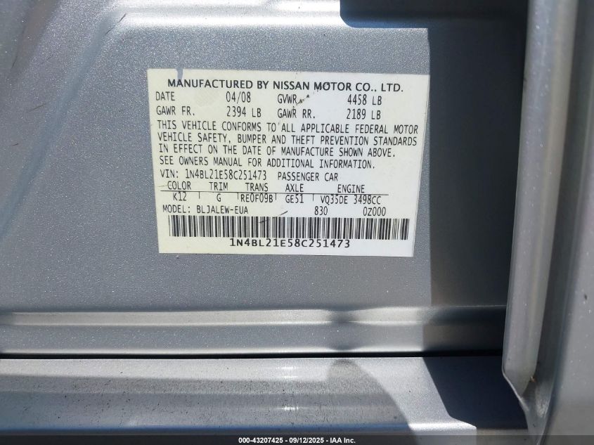 2008 Nissan Altima 3.5 Sl VIN: 1N4BL21E58C251473 Lot: 43207425