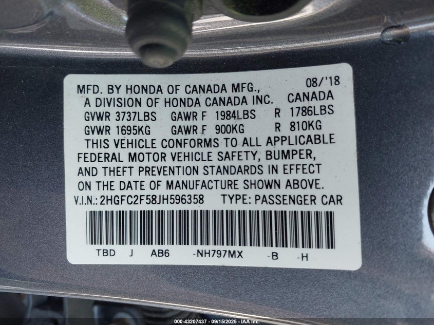 2018 Honda Civic 2.0 Lx Grey Lot 111043207437 Vin 2HGFC2F58JH596358