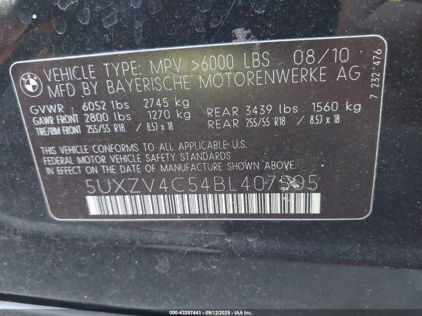 2011 BMW X5 xDrive35I/xDrive35I Premium/xDrive35I Sport Activity VIN: 5UXZV4C54BL407505 Lot: 43207441