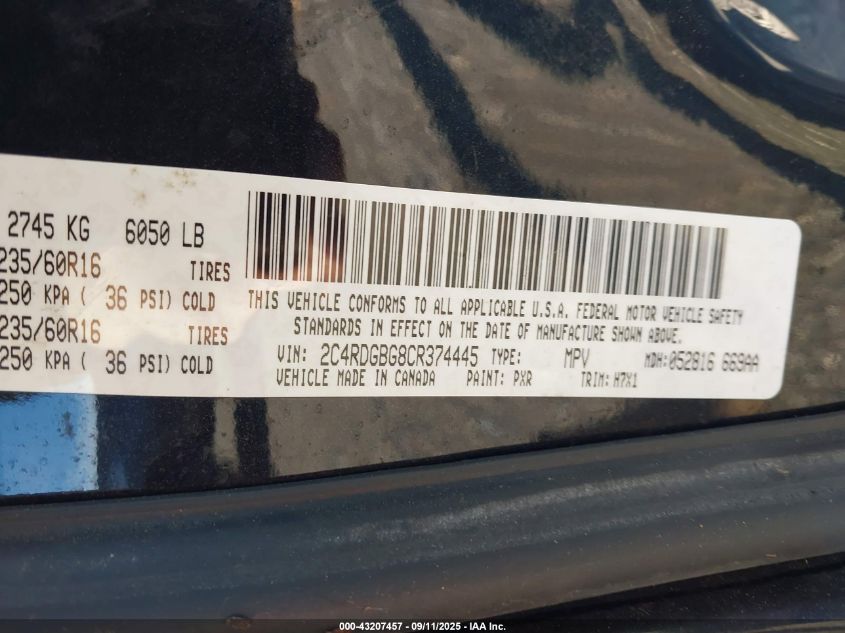 2012 Dodge Grand Caravan Se/Avp VIN: 2C4RDGBG8CR374445 Lot: 43207457