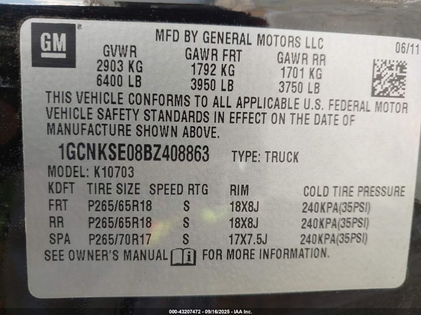 2011 Chevrolet Silverado 1500 Lt VIN: 1GCNKSE08BZ408863 Lot: 43207472