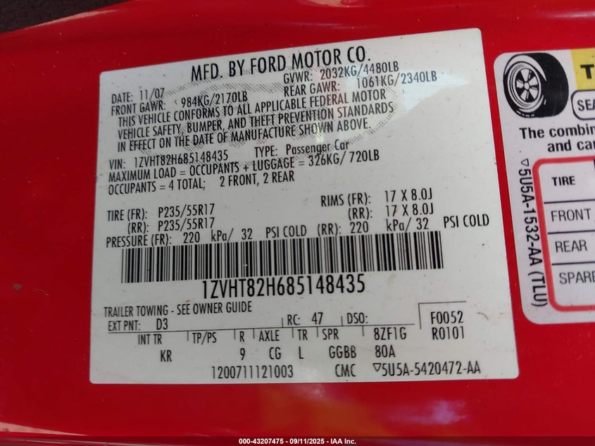 1ZVHT82H685148435 2008 FORD MUSTANG photo no. 9