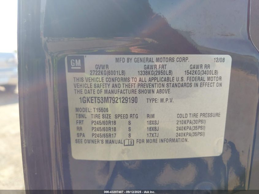 2009 GMC Envoy Denali VIN: 1GKET53M792129190 Lot: 43207487