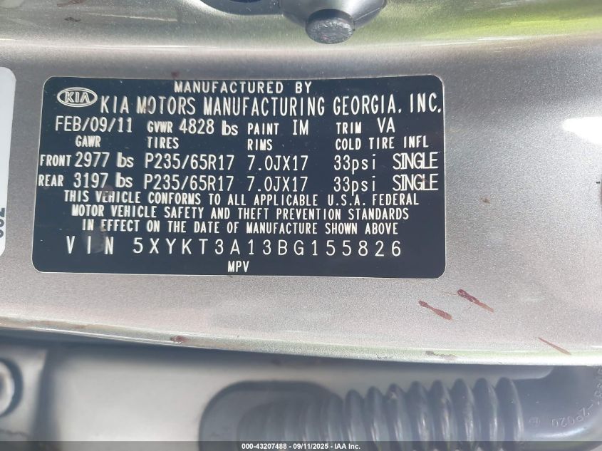 2011 Kia Sorento Lx VIN: 5XYKT3A13BG155826 Lot: 43207488