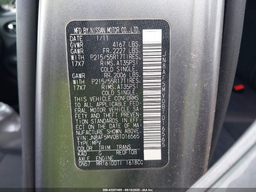 2011 Nissan Juke Sv VIN: JN8AF5MV0BT016565 Lot: 43207489