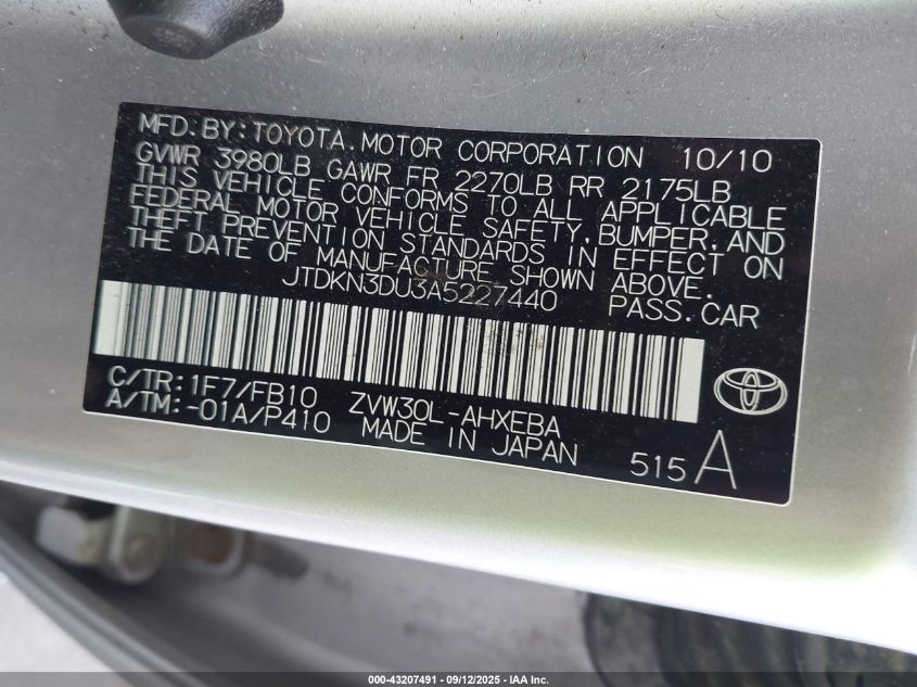 2010 Toyota Prius Iii VIN: JTDKN3DU3A5227440 Lot: 43207491
