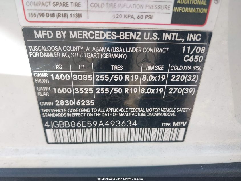 2009 Mercedes-Benz Ml 350 4Matic VIN: 4JGBB86E59A493634 Lot: 43207494