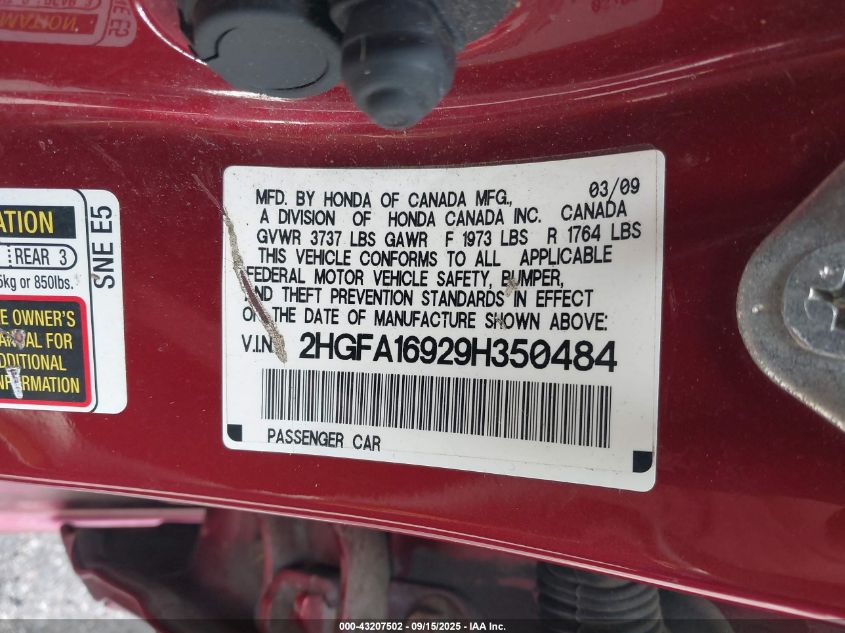 2009 Honda Civic Ex-L VIN: 2HGFA16929H350484 Lot: 43207502
