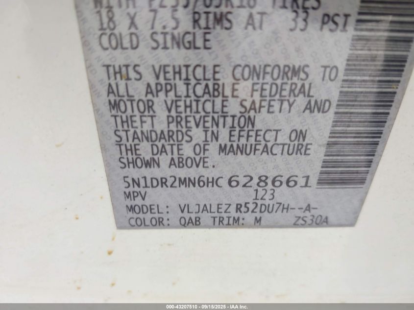 2017 Nissan Pathfinder Sv VIN: 5N1DR2MN6HC628661 Lot: 43207510