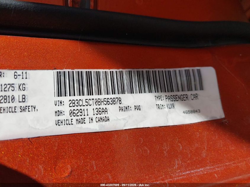 2011 Dodge Charger R/T VIN: 2B3CL5CT0BH563878 Lot: 43207509