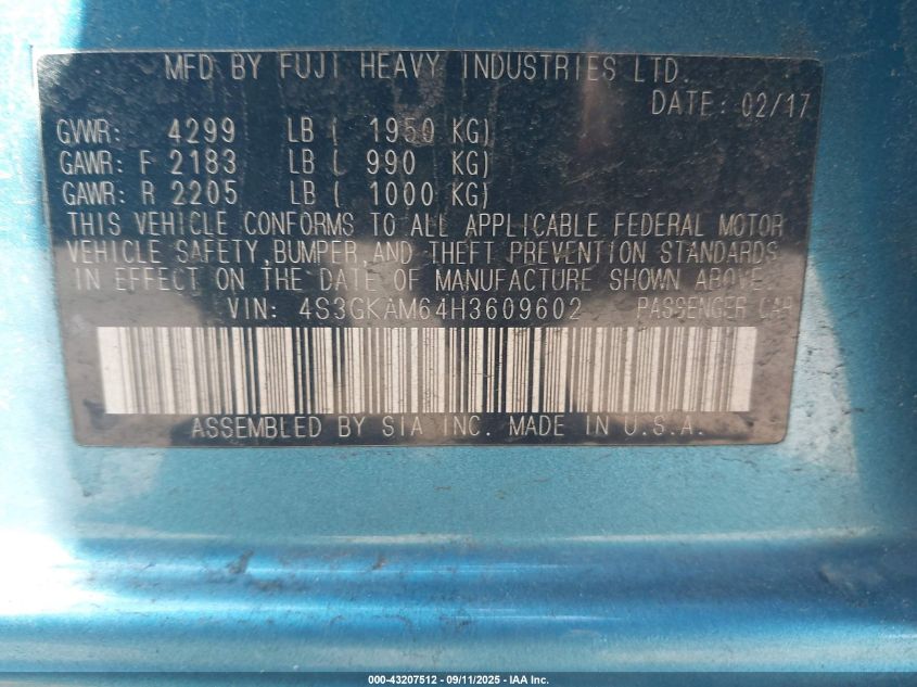 2017 Subaru Impreza 2.0I Sport VIN: 4S3GKAM64H3609602 Lot: 43207512