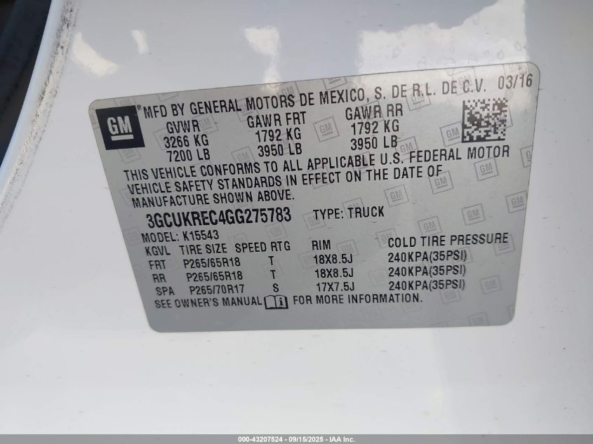 2016 Chevrolet Silverado 1500 2Lt VIN: 3GCUKREC4GG275783 Lot: 43207524