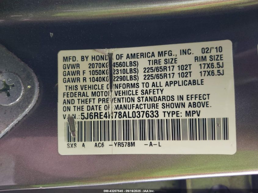 2010 Honda Cr-V Ex-L VIN: 5J6RE4H78AL037633 Lot: 43207545