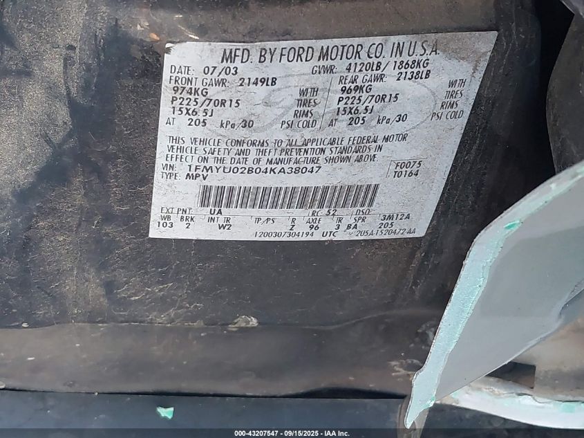 2004 Ford Escape Xls VIN: 1FMYU02B04KA38047 Lot: 43207547