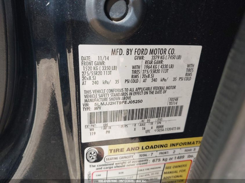 2015 Lincoln Navigator VIN: 5LMJJ2HT9FEJ05250 Lot: 43207596