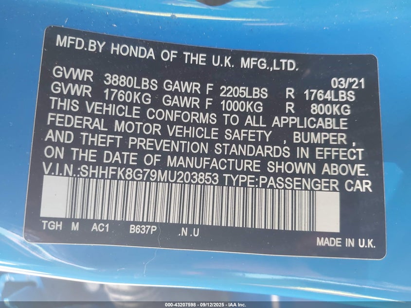 2021 HONDA CIVIC TYPE R TOURING - SHHFK8G79MU203853