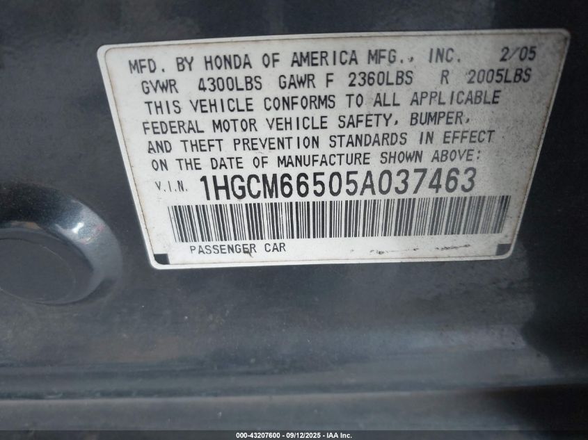 2005 Honda Accord 3.0 Ex VIN: 1HGCM66505A037463 Lot: 43207600