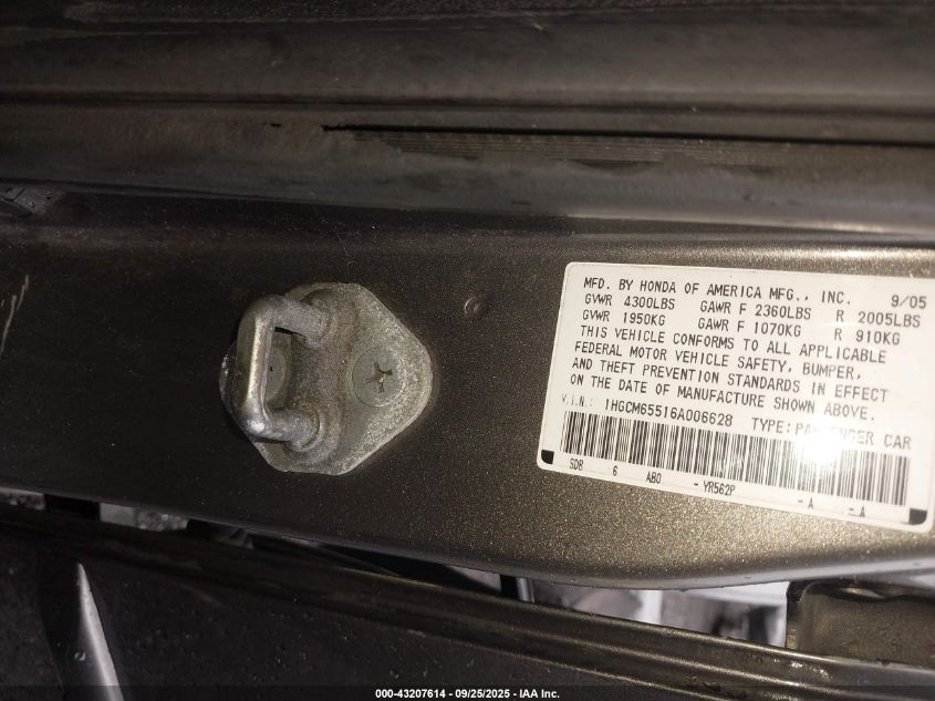 2006 Honda Accord 3.0 Ex VIN: 1HGCM65516A006628 Lot: 43207614