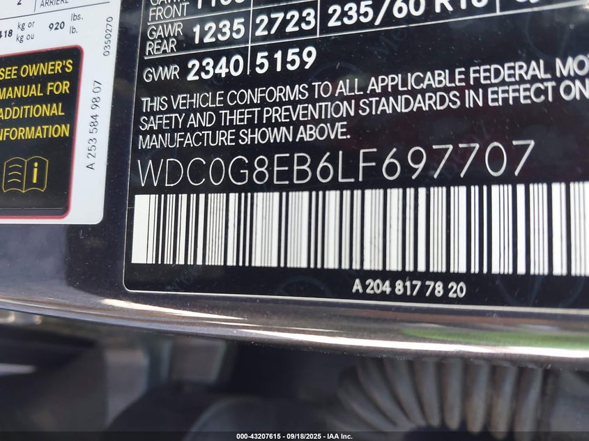 2020 MERCEDES-BENZ GLC 300 4MATIC WDC0G8EB6LF697707