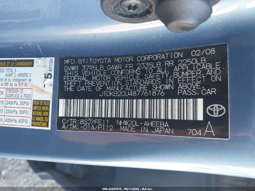 2008 Toyota Prius VIN: JTDKB20U487761876 Lot: 43207618