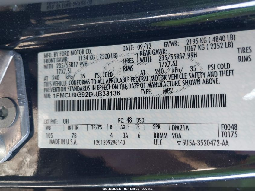 2013 Ford Escape Se VIN: 1FMCU9G92DUB33136 Lot: 43207649