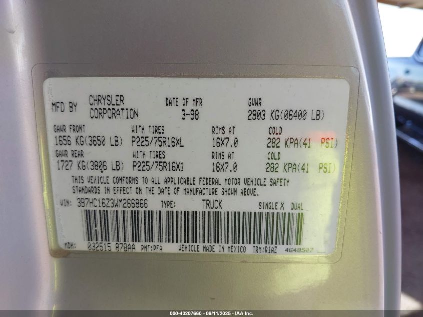 1998 Dodge Ram 1500 St VIN: 3B7HC16Z3WM266866 Lot: 43207660