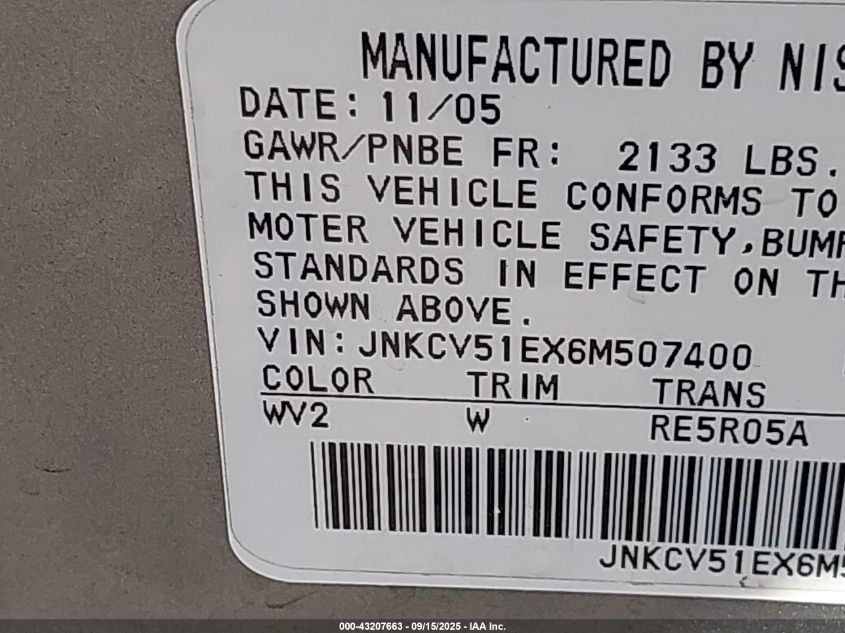 2006 Infiniti G35 VIN: JNKCV51EX6M507400 Lot: 43207663