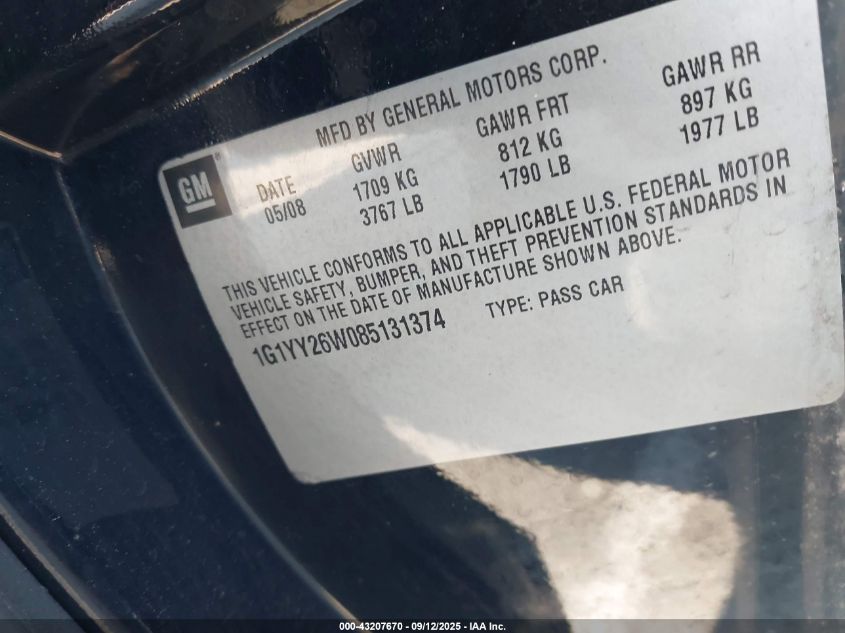 2008 Chevrolet Corvette VIN: 1G1YY26W085131374 Lot: 43207670