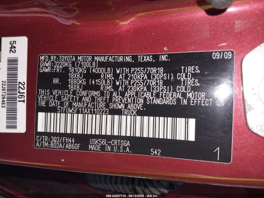 2010 Toyota Tundra Grade 5.7L V8 VIN: 5TFUW5F11AX110223 Lot: 43207719