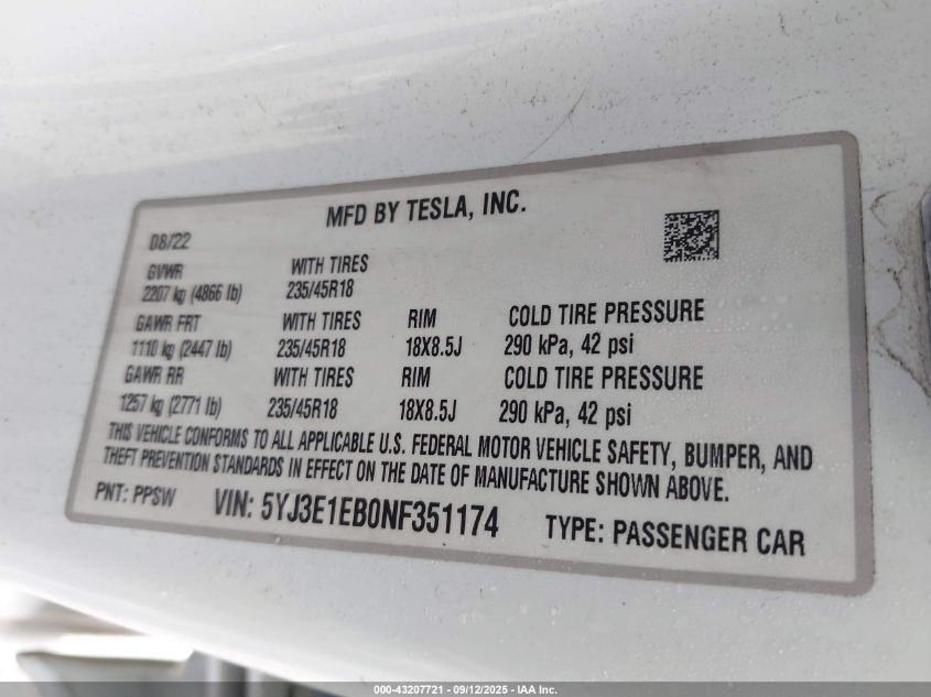 2022 Tesla Model 3 Long Range Dual Motor All-Wheel Drive VIN: 5YJ3E1EB0NF351174 Lot: 43207721