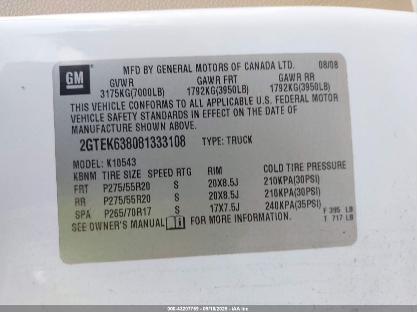 2008 GMC New Sierra K1500 Denali VIN: 2GTEK638081333108 Lot: 43207759
