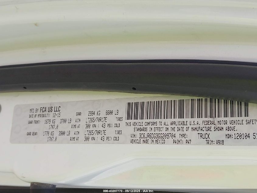 2016 Ram 1500 Tradesman VIN: 3C6JR6DG3GG209704 Lot: 43207770