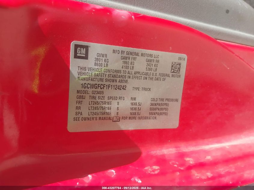 2015 Chevrolet Express 2500 Work Van VIN: 1GCWGFCF1F1124242 Lot: 43207784