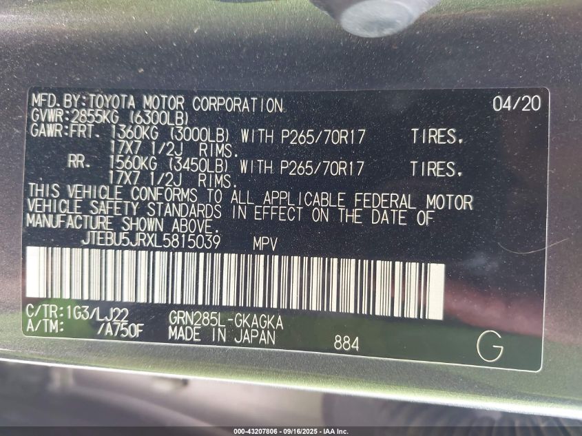 2020 Toyota 4Runner Sr5/Sr5 Premium/Venture/Limited/Night Shade/Trd Off Road/Trd Off Road Premium/Trd Pro VIN: JTEBU5JRXL5815039 Lot: 43207806