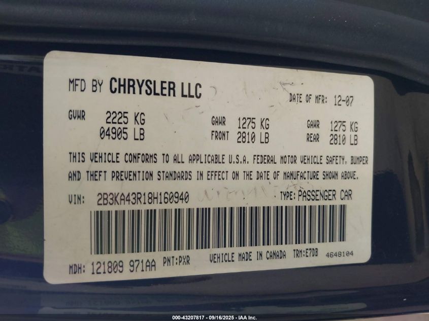 2008 Dodge Charger VIN: 2B3KA43R18H160940 Lot: 43207817