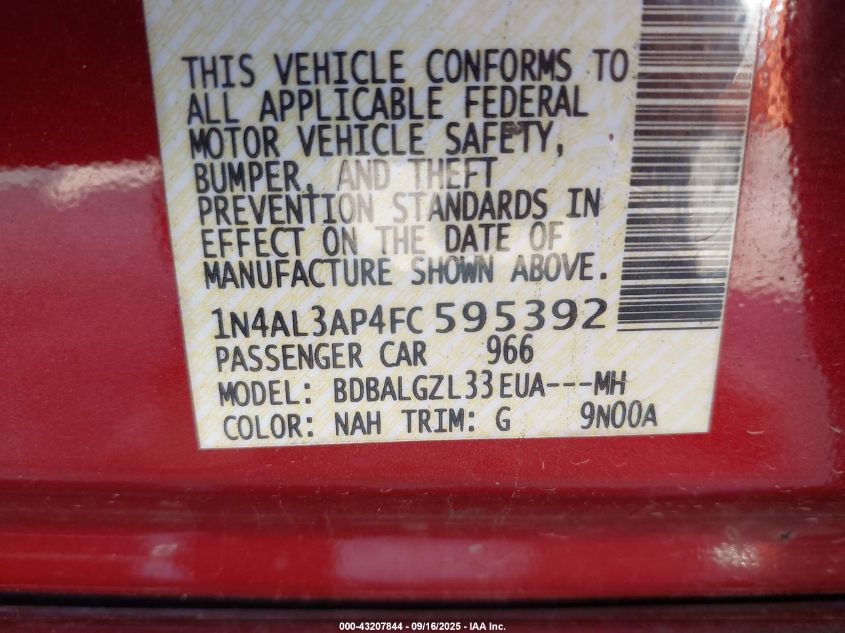 2015 Nissan Altima 2.5 S VIN: 1N4AL3AP4FC595392 Lot: 43207844