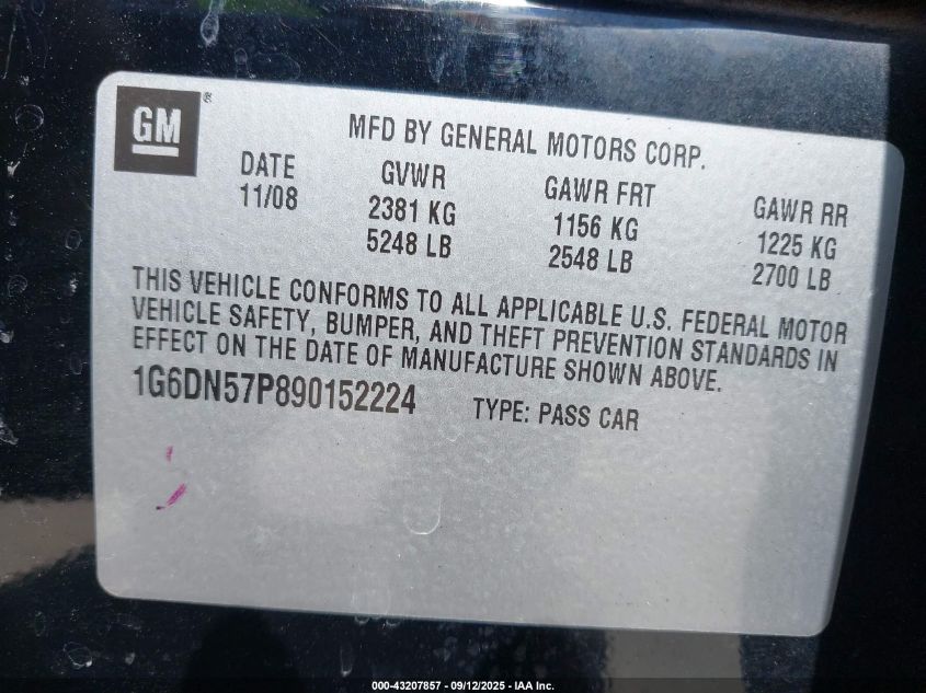 2009 Cadillac Cts-V VIN: 1G6DN57P890152224 Lot: 43207857