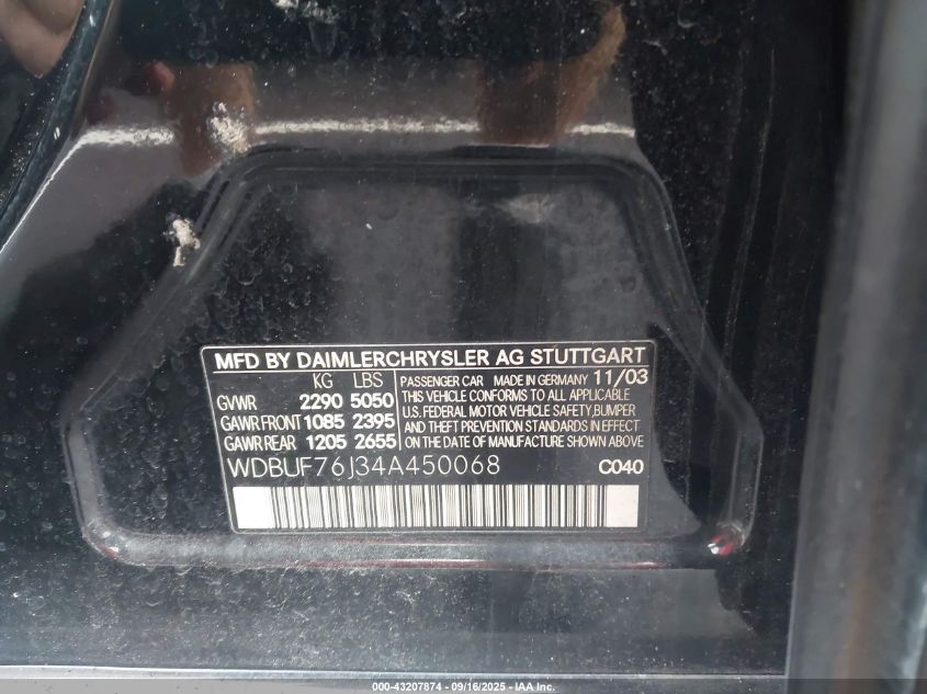 2004 Mercedes-Benz E 55 Amg VIN: WDBUF76J34A450068 Lot: 43207874