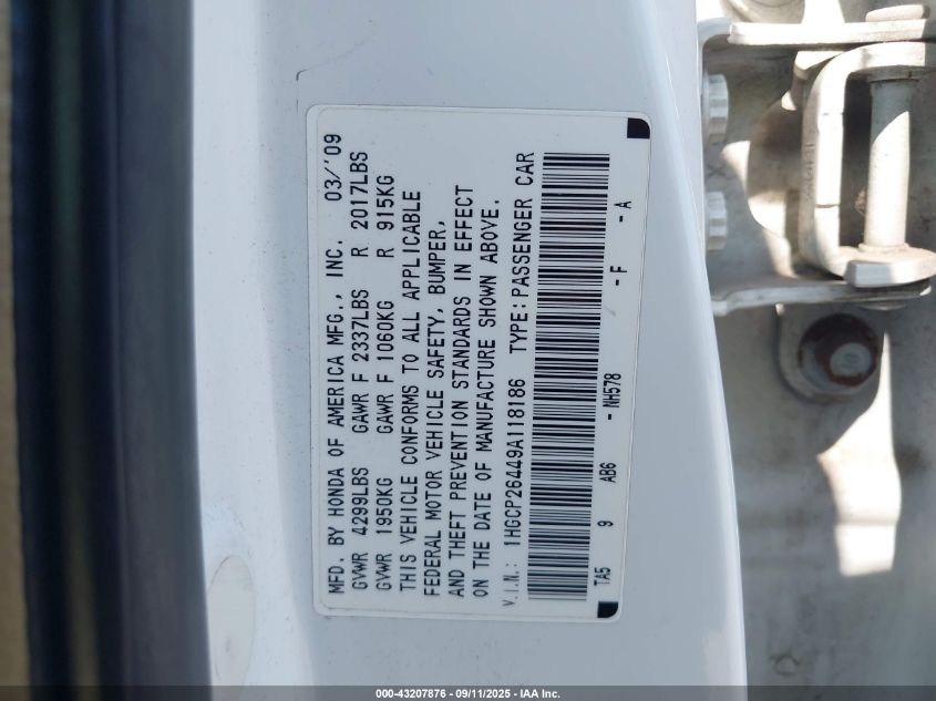 2009 Honda Accord 2.4 Lx-P VIN: 1HGCP26449A118186 Lot: 43207876